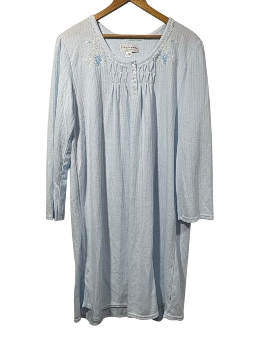 Miss Elaine Womens Sz 1X Soft Fleece Nightgown Blue Floral Embroidery 3/4 Sleeve